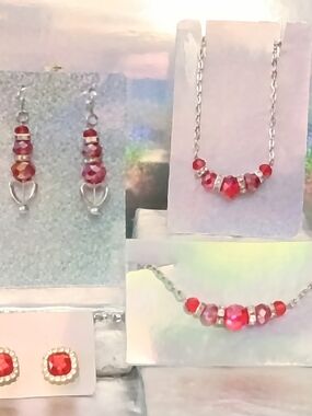 Red Beaded Necklace and Earrings Set by